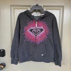Roxy Girls Y2K Full-Zip Hoodie Charcoal Gray & Pixel Heart Logo 14-16 Large
